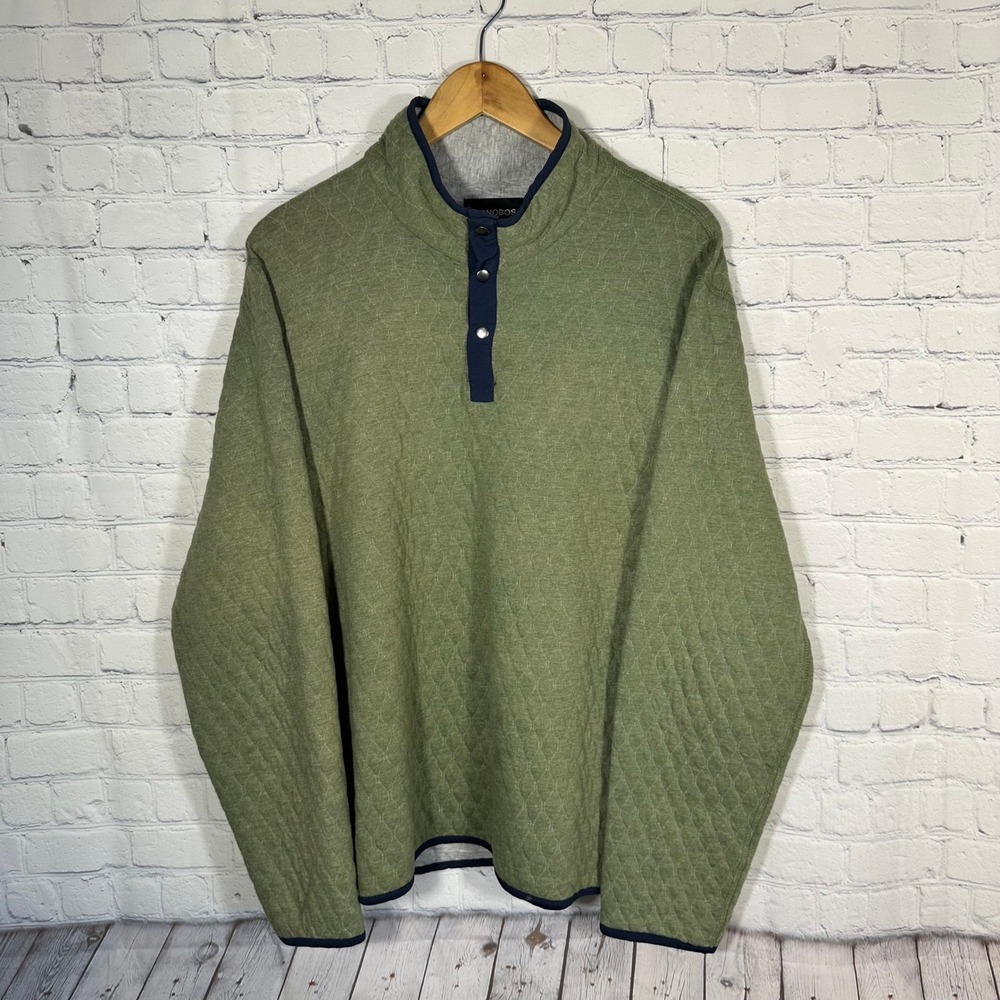 Bonobos Olive Green Quilted Half-Placket Sweater with Navy Trim